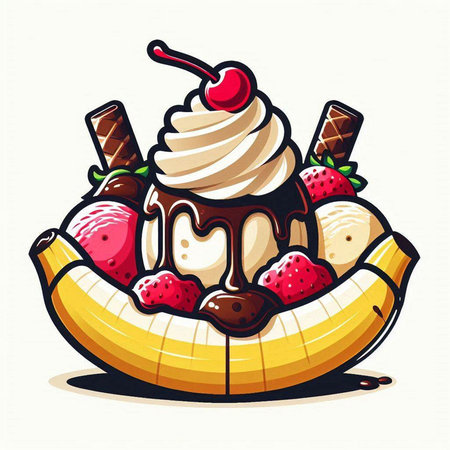 Banana with ice cream, strawberry and chocolate. Vector illustration.のイラスト素材