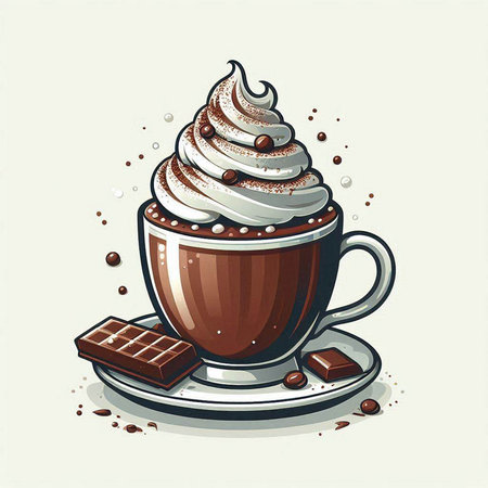 Coffee cup with whipped cream and chocolate, vector illustration.のイラスト素材