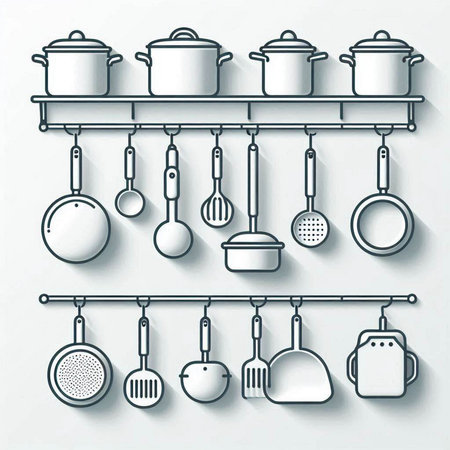 Set of kitchen utensils on the wall. Vector illustration.のイラスト素材
