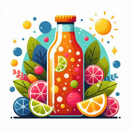 Bottle of lemonade with fruits and berries, vector illustration.のイラスト素材