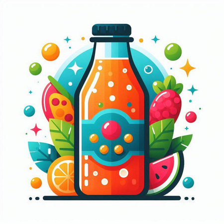 Bottle of fresh juice with fruits and berries. Vector illustration.のイラスト素材