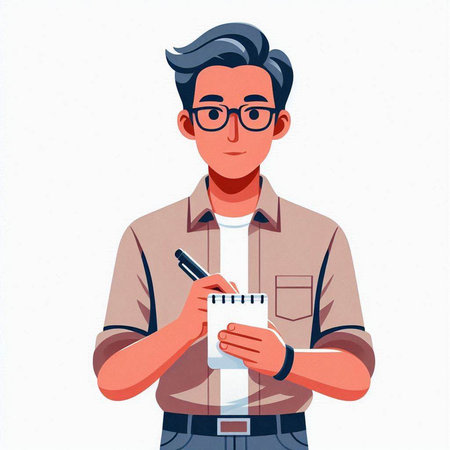 Young man in glasses with notebook and pen. Vector illustration in cartoon styleのイラスト素材