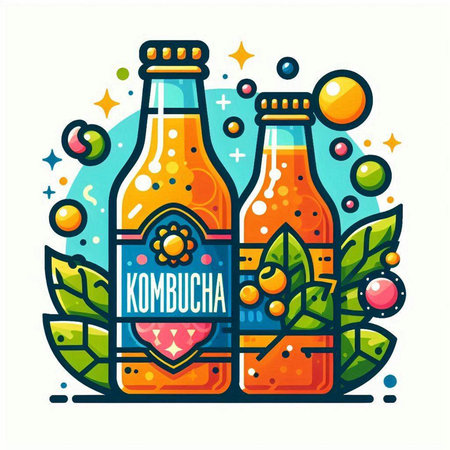 Bottles of kombucha. Healthy drink. Vector illustration.のイラスト素材