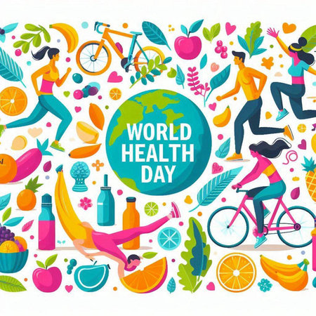 World Health Day banner with people and healthy lifestyle. Vector illustration.のイラスト素材