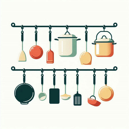 Kitchen utensils hanging on the wall. Vector illustration.のイラスト素材