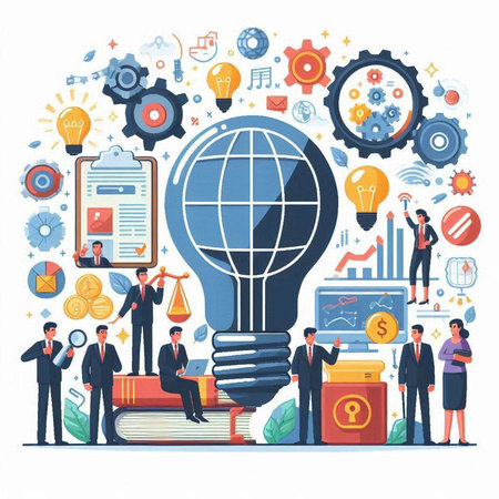 Business people working together with big lightbulb, flat design vector illustration.のイラスト素材