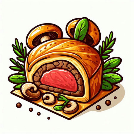 Illustration of a delicious meatloaf with mushrooms and herbs.のイラスト素材
