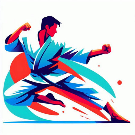 Taekwondo fighter vector illustration. Martial arts fighter in action.のイラスト素材