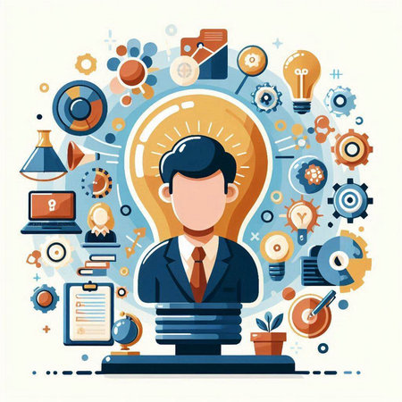 Flat design modern vector illustration concept of creative process. Businessman sitting on top of big light bulb, surrounded by icons.のイラスト素材