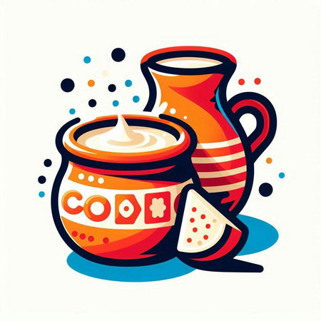 Ceramic pot with milk and sour cream. Vector illustration.のイラスト素材