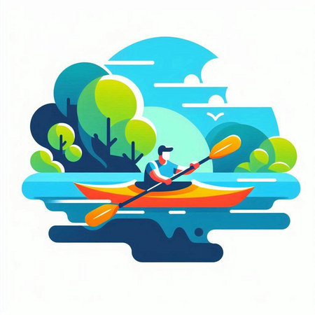 Man rowing a kayak on the river. Vector illustration.のイラスト素材
