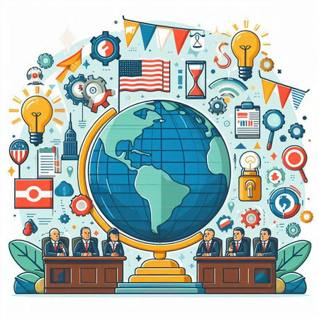 Vector illustration of global business concept in line art style on white background.のイラスト素材