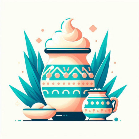 Ceramic pot with whipped cream. Vector illustration in flat styleのイラスト素材