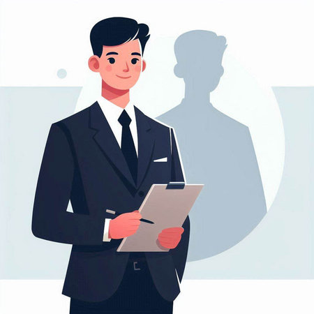 Businessman holding clipboard and making notes in office. Vector illustration.のイラスト素材