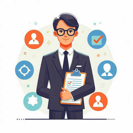 Businessman in suit and glasses holding clipboard with checklist. Vector illustration.のイラスト素材