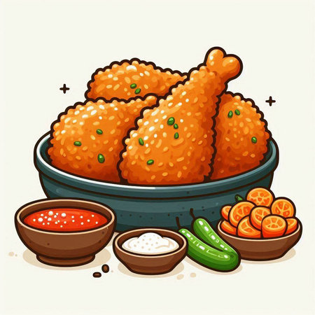 Illustration of fried chicken in bowl with sauces and pickles.のイラスト素材