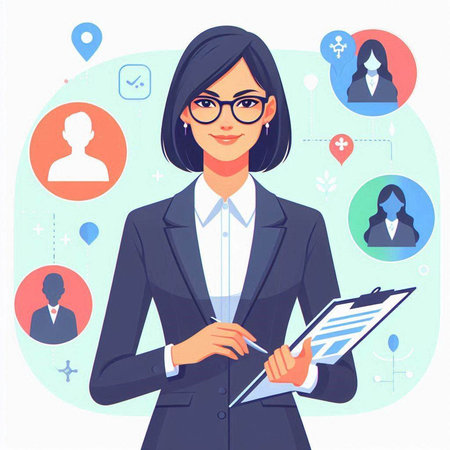 Business woman with clipboard. Vector illustration in flat cartoon style. Business concept.のイラスト素材