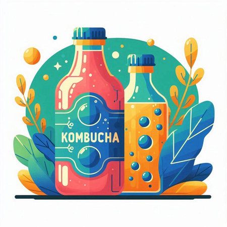 Kombucha drink in bottle. Vector illustration in flat style.のイラスト素材