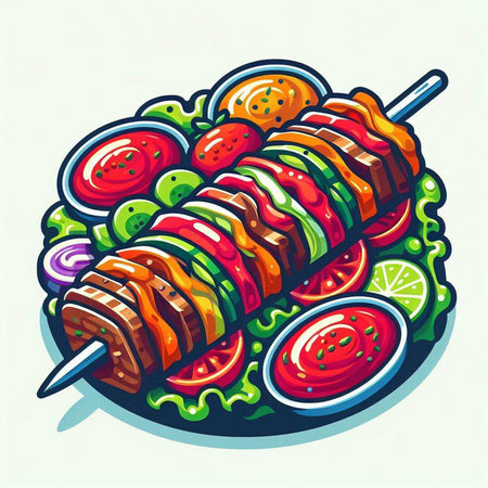Illustration of a kebab on a skewer with tomato and cucumberのイラスト素材