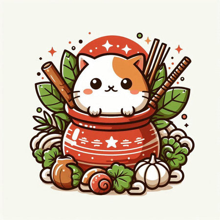 Cute cat in pot with chopsticks and vegetables. Vector illustration.のイラスト素材