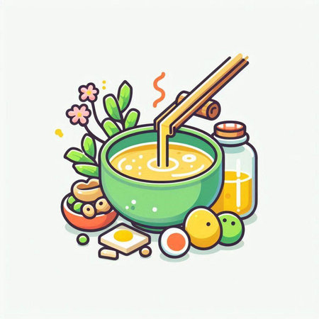 Bowl of miso soup with chopsticks. Vector illustration.のイラスト素材