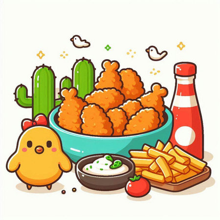 Illustration of chicken nuggets in bowl with sauce and french friesのイラスト素材
