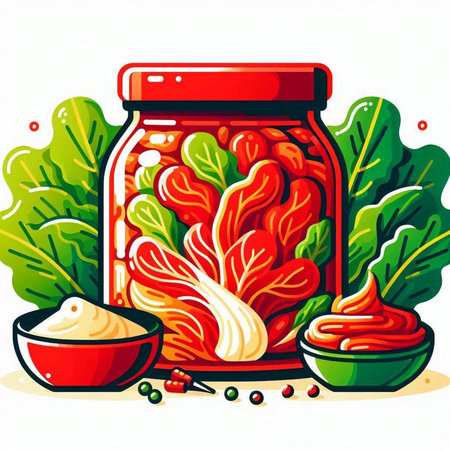 Vector illustration of a jar of pickled chard and ingredients.のイラスト素材