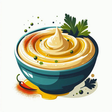 Bowl of hummus with olive oil and parsley, vector illustrationのイラスト素材