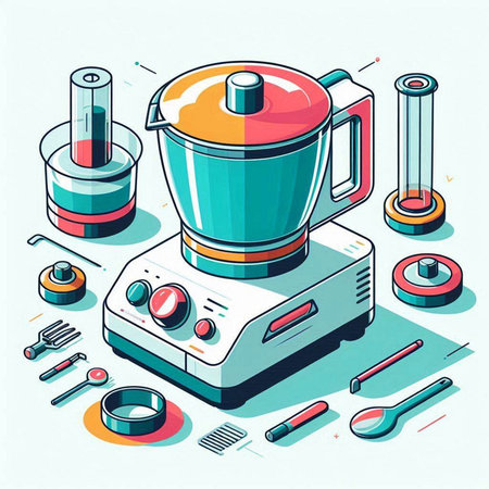 Colorful 3d isometric vector illustration of a blender with various kitchen utensilsのイラスト素材