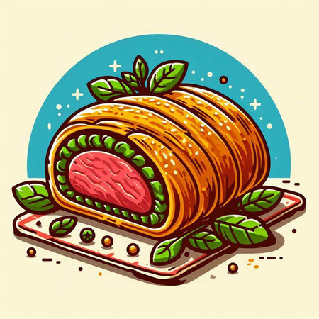Sushi roll with salmon, cheese and herbs. Vector illustration.のイラスト素材