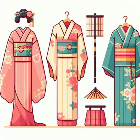 Japanese kimono set. Vector illustration in a flat style.のイラスト素材