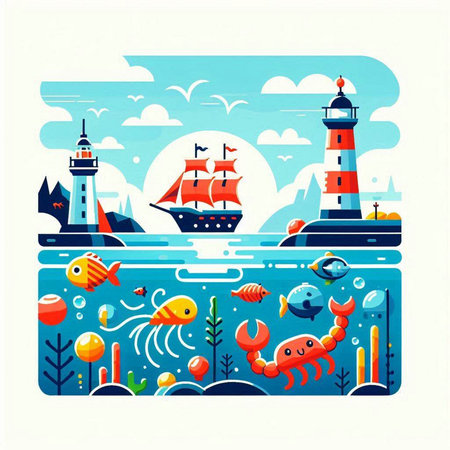 Sea landscape with lighthouse, crab, fish, starfish, seaweed. Flat vector illustration.のイラスト素材