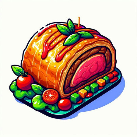 Piece of meat on a plate with vegetables. Vector illustration.のイラスト素材