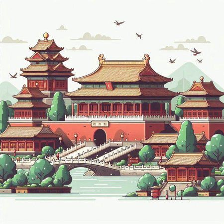 Chinese ancient buildings in the park. Vector illustration on white background.のイラスト素材