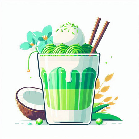 Green smoothie with ice cream, coconut and mint. Vector illustration.のイラスト素材