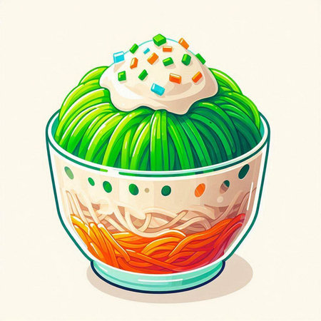 Vector illustration of a Japanese noodle in a bowl with whipped cream.のイラスト素材