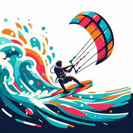 Kitesurfer on the waves. Colorful vector illustration.のイラスト素材