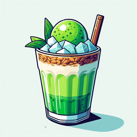 Green tea smoothie with ice and mint. Cartoon vector illustration.のイラスト素材