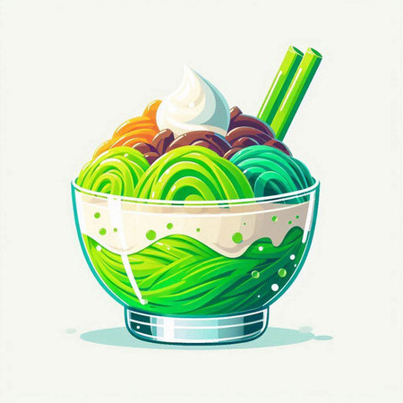 Illustration of a bowl of ice cream with whipped cream and green strawのイラスト素材