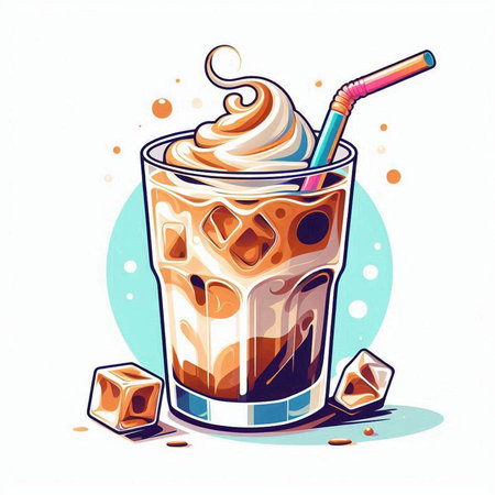 Iced coffee with whipped cream and ice cubes. Vector illustration.のイラスト素材