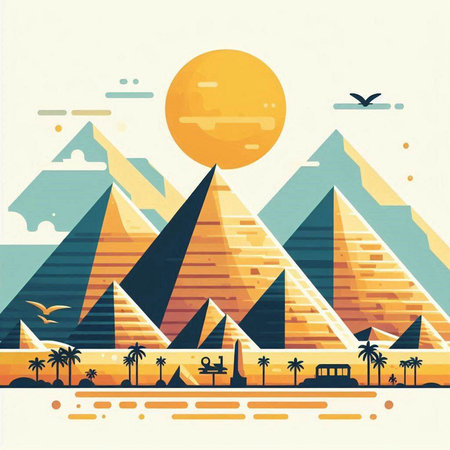 Egyptian pyramids and palm trees. Vector illustration in flat styleのイラスト素材