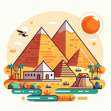 Egyptian pyramids. Vector illustration in flat style. Egypt landscape.のイラスト素材