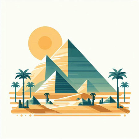 Egypt pyramids and palm trees. Vector illustration in flat style.のイラスト素材
