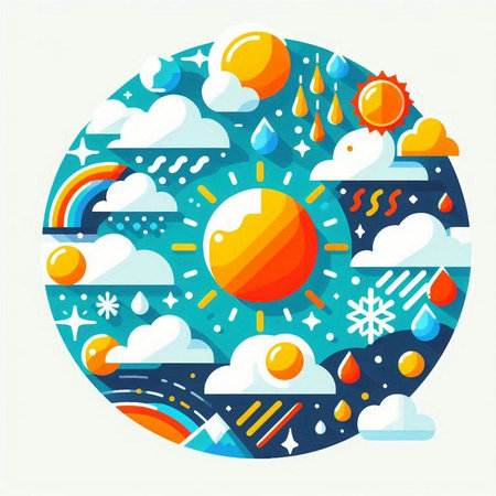 Vector illustration of sun, clouds, snowflakes and rain.のイラスト素材