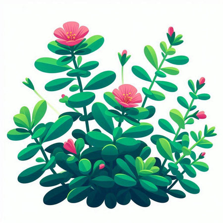 Flowering plant with pink flowers and green leaves isolated on white backgroundのイラスト素材