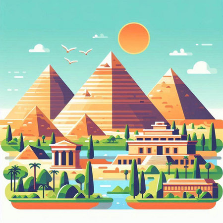 Egyptian pyramids and ancient temples in flat style. Vector illustrationのイラスト素材