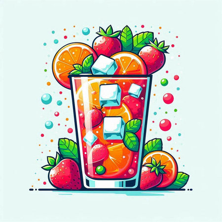 Cocktail with ice cubes, fruits and mint. Vector illustration.のイラスト素材