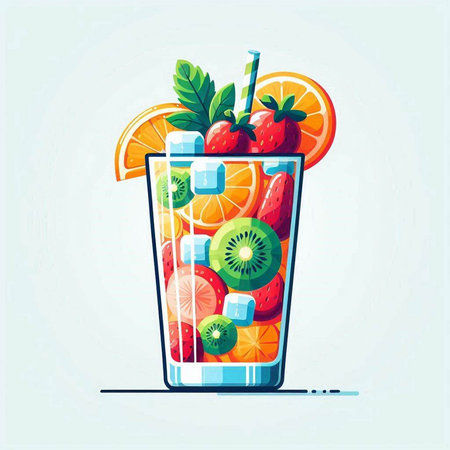 Fruit cocktail with orange, kiwi, strawberry, lime and mint. Vector illustration.のイラスト素材