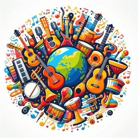 Colorful vector illustration with musical instruments around the earth. Round compositionのイラスト素材