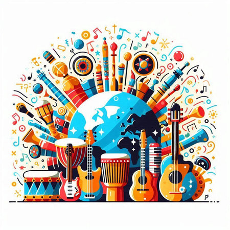 Colorful musical instruments around the globe. Vector illustration in flat styleのイラスト素材